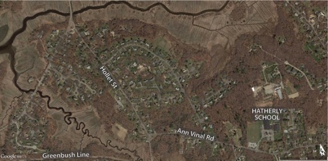 This figure is an aerial photo showing the Hatherly School and its nearby neighborhood.

